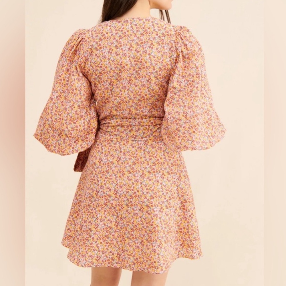 MINKPINK Morwell Cotton Mini Wrap Crepe Dress Puff Sleeves Tag XL Fits Sz Med - Picture 4 of 10